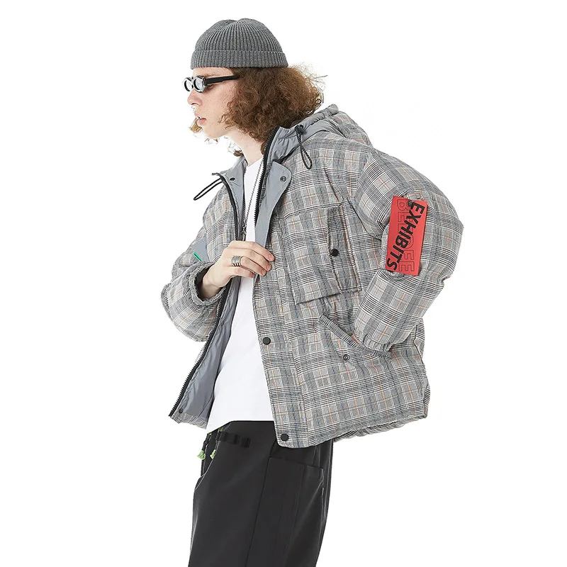 Куртка мужская хлопковая в клетку оригинальная простроченная одежда с капюшоном