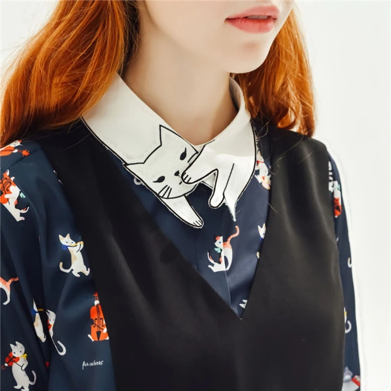 

Women Cute Cat Embroidery False Collar Detachable Fake Necklace Accessories