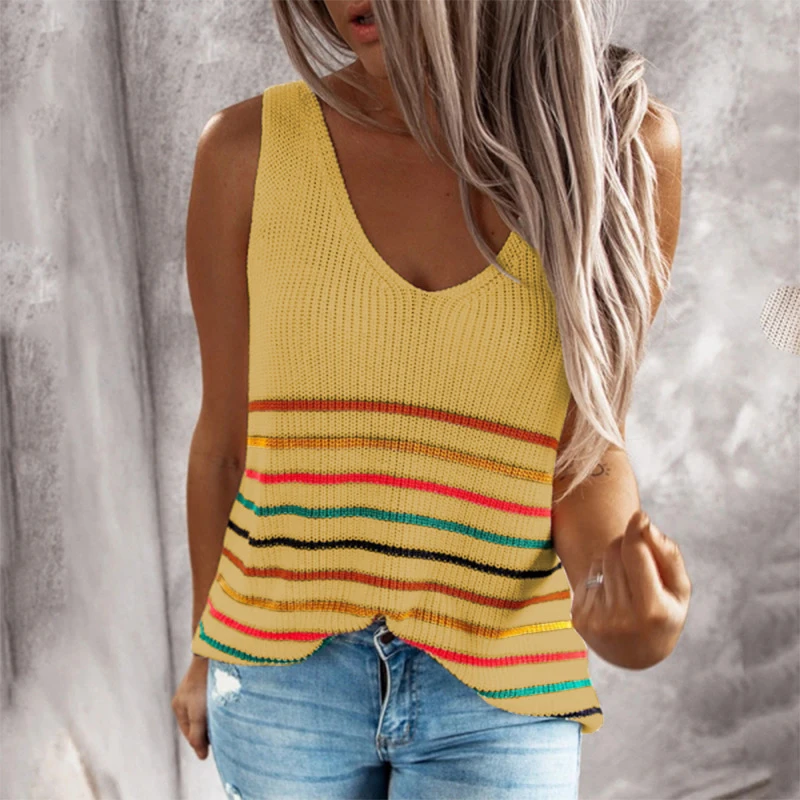

Fashion Women Striped Tops Knitted Vest Sleeveless Hot Sell 2021 Summer Slim Short Camisole Solid Color Tank Y2k Tops
