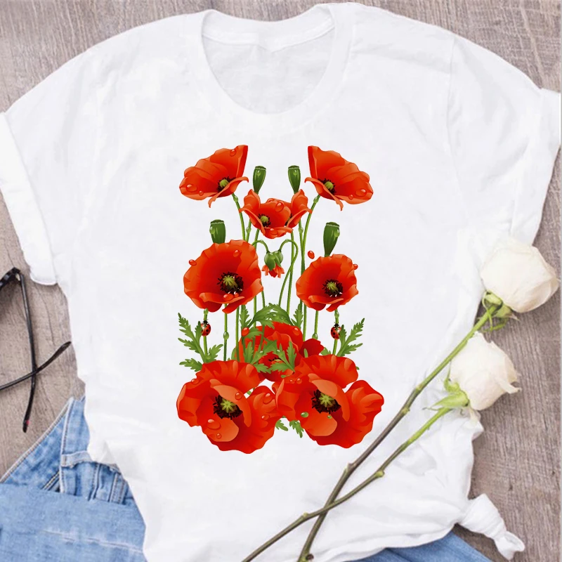 

Женская модная футболка с красным принтом мака, Повседневная футболка 90-х годов, женские топы в Корейском стиле, мультяшная женская футболк...