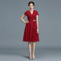 charming affordable red chiffon short sleeve mother of the bride dresses v neck beaded knee length wedding party gowns pleating
