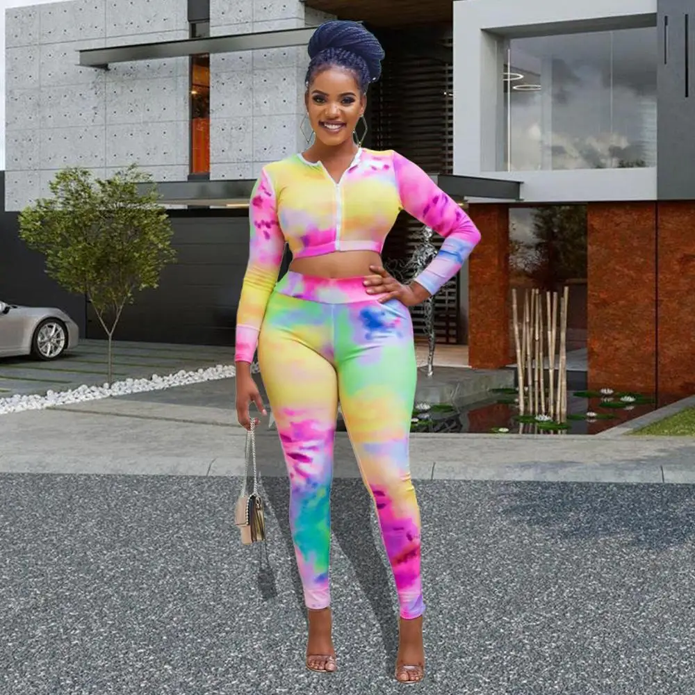 

tie dye two piece set women winter autumn spring clothes long sleeve coat top + soft pants trousers sexy club outfits