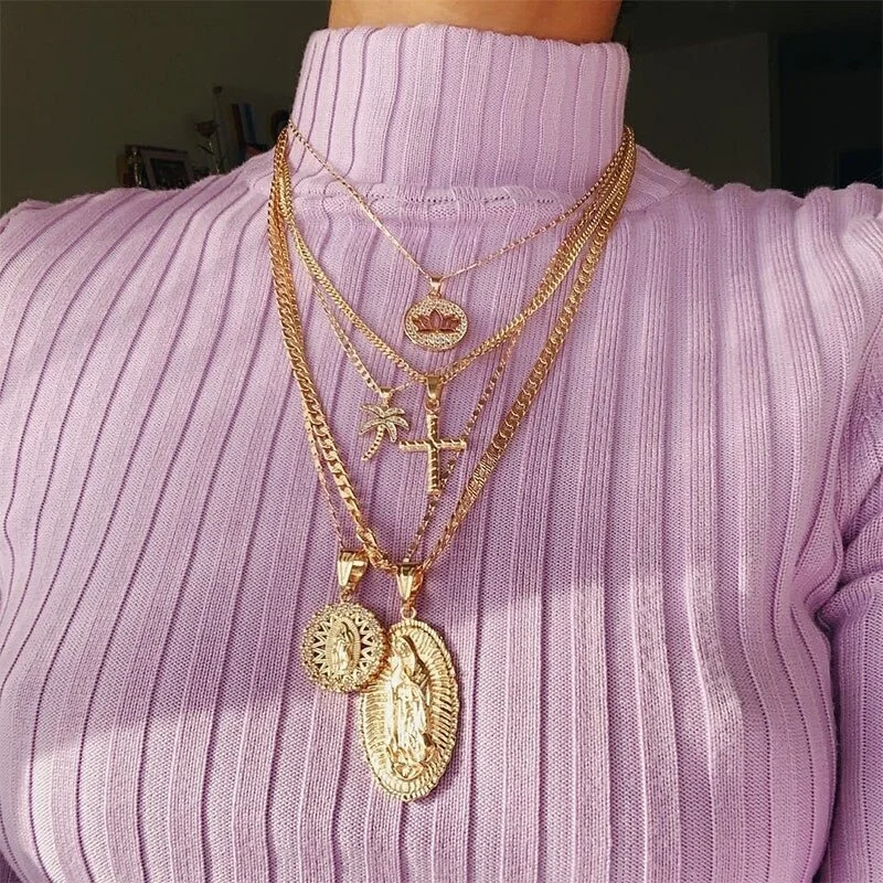 

Women Fashion Cross Hollow Embossed Coconut Tree Pendant Multi-layer Necklace