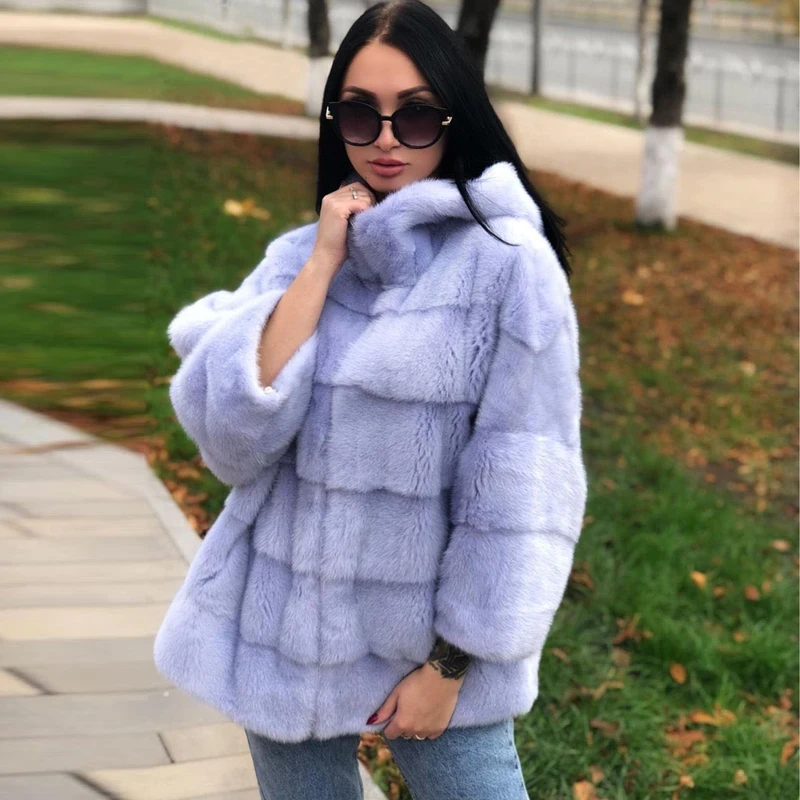 Шуба норковая Женская с капюшоном светло-фиолетовая теплая повседневная средней