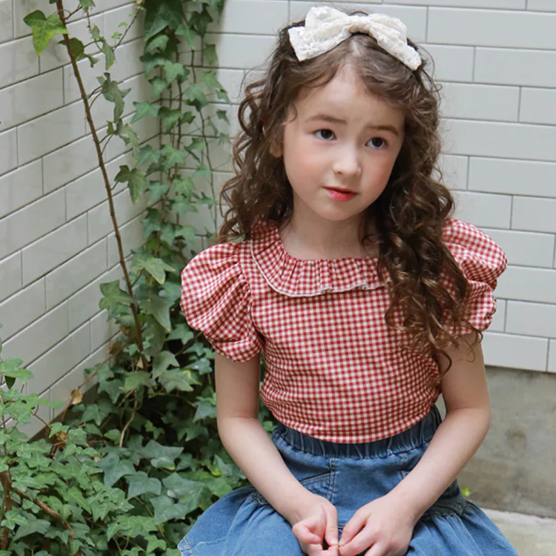

Girls Short Sleeve Plaid T-shirt 2021 Summer New Girls Fashion Retro Plaid Backless Bubble Sleeves Cotton T-shirt 24M To 8T