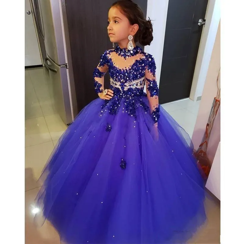 

2020 High Neck Flower Girl Dresses For Weddings Long Sleeve Royal Blue Beads Girls Pageant Dress Kids Birthday Dress