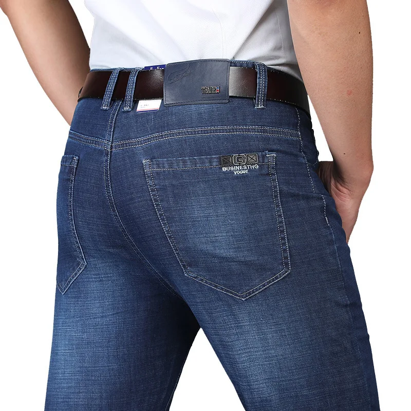 High Waist Jeans for Man Pant Straight Classic Stretch Summer Denim Mens Jeans Thin Black Blue