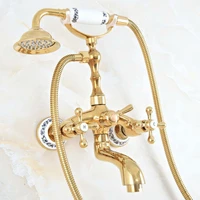 luxury polished gold color brass bathroom wall mounted clawfoot tub faucet taps set with hand held shower head spray mna805