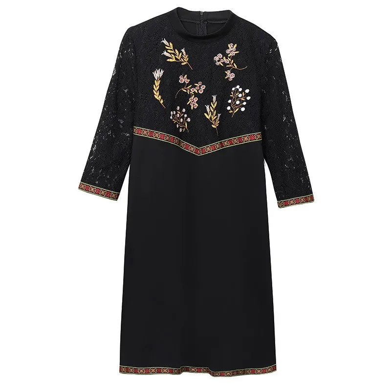 

High Quality Fashion Embroidery Lace Patchwork Folk Style Ladies Dress O-Neck Three Quarter A-Line Loose Large Plus Size Dress