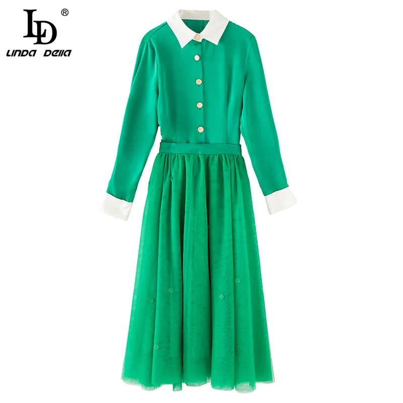 

LD LINDA DELLA Fashion Designer Autumn Skirts Suit Women's Long sleeve Single-breasted Coat＋Green Mesh Midi Skirt Two Pieces Set