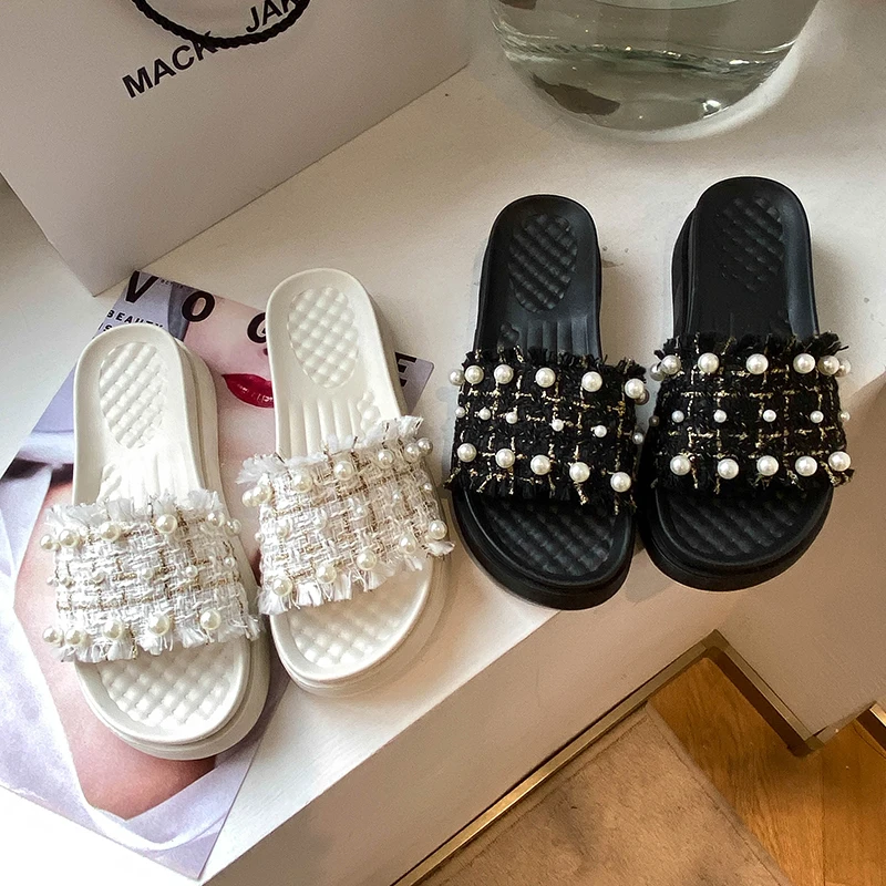 

Shoes Woman 2021 Slippers Flat String Bead Rubber Flip Flops Luxury Slides Pantofle Med Platform Fringe Hawaiian Designer New PU