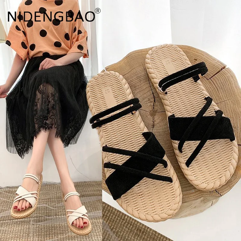 Women Sandals 2021 Summer Flat Beach Shoes Fashion Roman Style  Thin Strips Gladiator Non Slip Female Sandalias De Las Mujeres