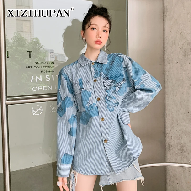

XIZIHUPAN Casual Print Denim Shirt For Women Lapel Long Sleeve Korean Fashion Dual Pocket Loose Blouse Female Autumn 2021 New
