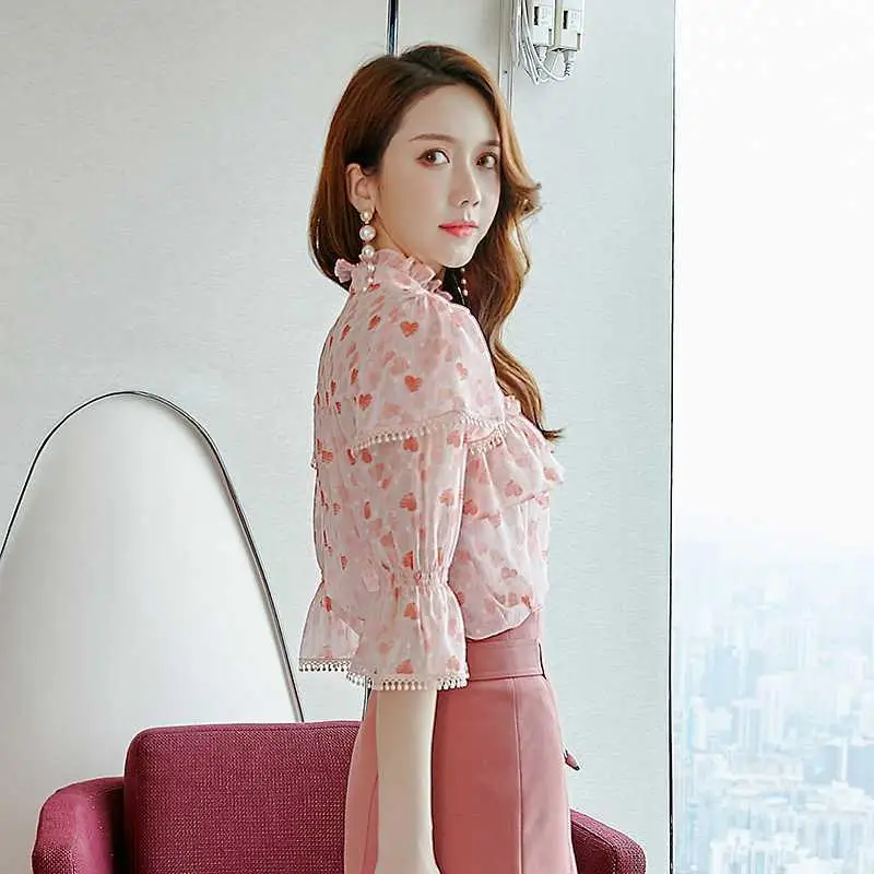 

Summer women print chiffon blouse 2020 new stand collar pink tops half sleeve ruffles fashion shirt for women