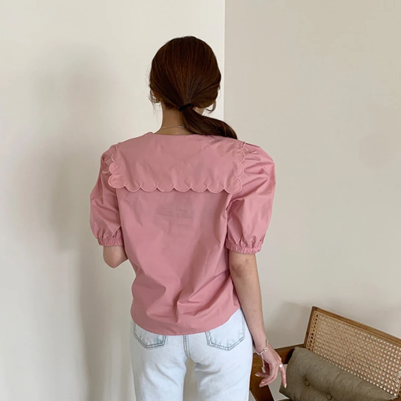 

GALCAUR Sweet Pink Shirt For Women Lapel Puff Short Sleeve Patchwork Solid Oversize Blouses Females Clothing 2021 Summer Fashion