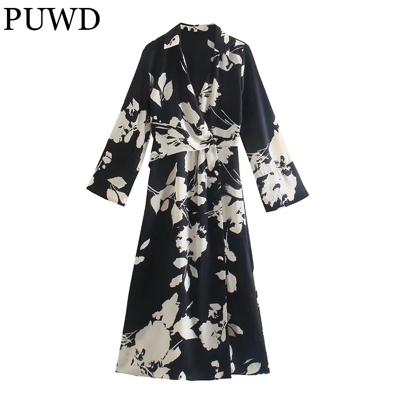 

PUWD Elegant Women Midi Dress Long Sleeve Split Fork Ladies Dresses 2021 Autumn Fashion V-neck Flower Printing Female Chic Dress
