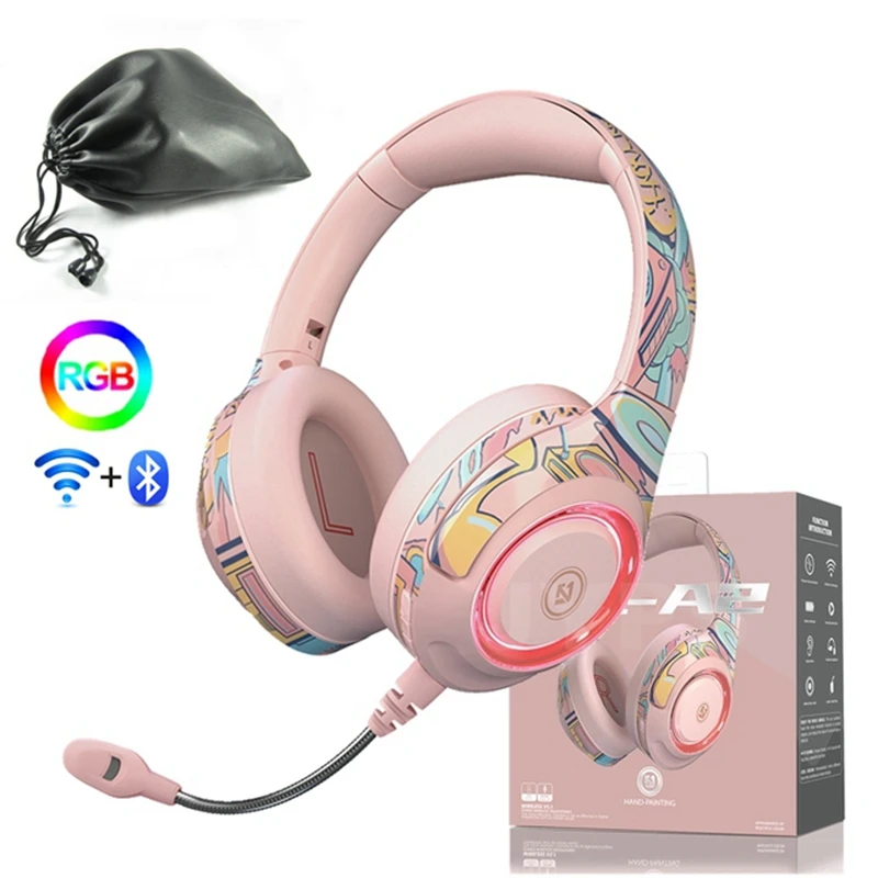 

Pink Girls Wireless Headphones with Mic RGB LED Noise Canceling Phone Gaming Headset Gamer HIFI Stereo Music Bluetooth Earphones