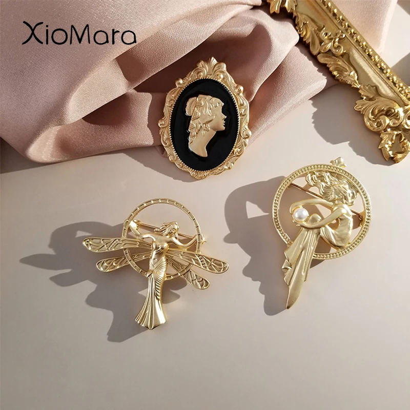

Lady Portrait Brooch Gold Color Plated Imitation Pearls Retro Vintage Design Badges for Women Girl Jewelry Wholesale