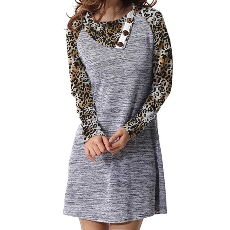 

2020 autumn women's dress leopard print oblique collar long sleeve dress one