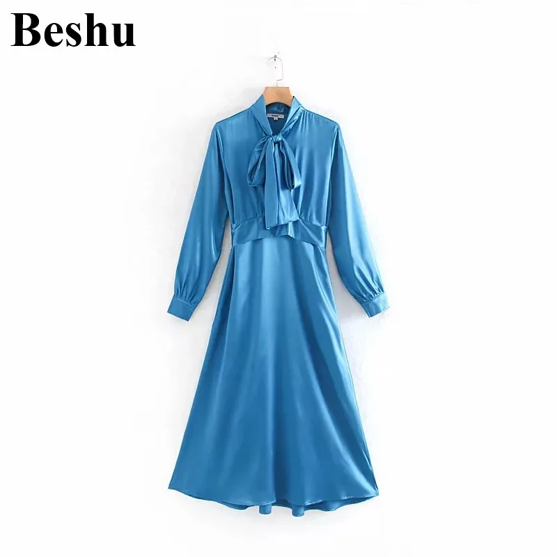 Модное платье ZA с бантом на воротнике однотонное синее шелковое длинным рукавом