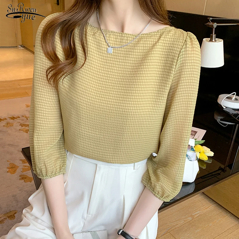 

Женская шифоновая блузка с коротким рукавом-фонариком, свободная блузка в клетку с воротником-лодочкой, модель 2022 в Корейском стиле на лето,...