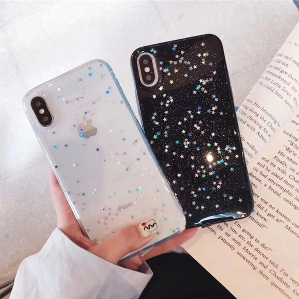 

Glitter Love Heart Stars Phone Case For iPhone 11 Pro 7 8 6 6S Plus X XR XS Max Moon Bling Soft Sequins Luxury Cover