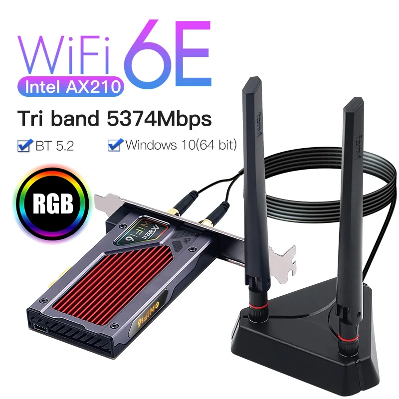 Трехдиапазонный адаптер WiFi6e AXE3000 RGB PCI-E 5374 Мбит/с AX210NGW Bluetooth BT 5 2 802.11AX для Win10-64 бит