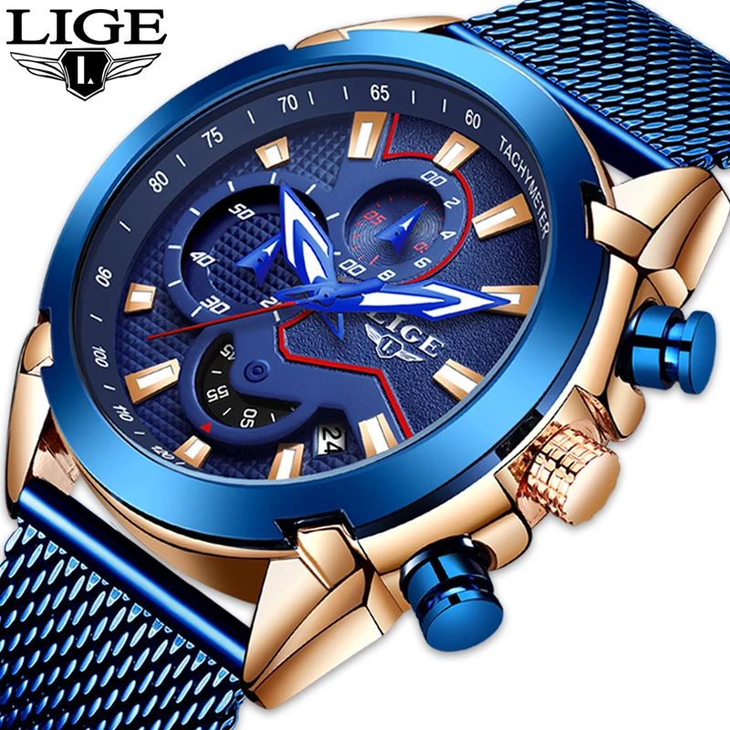 Часы наручные LIGE Мужские кварцевые модные повседневные спортивные стальные с
