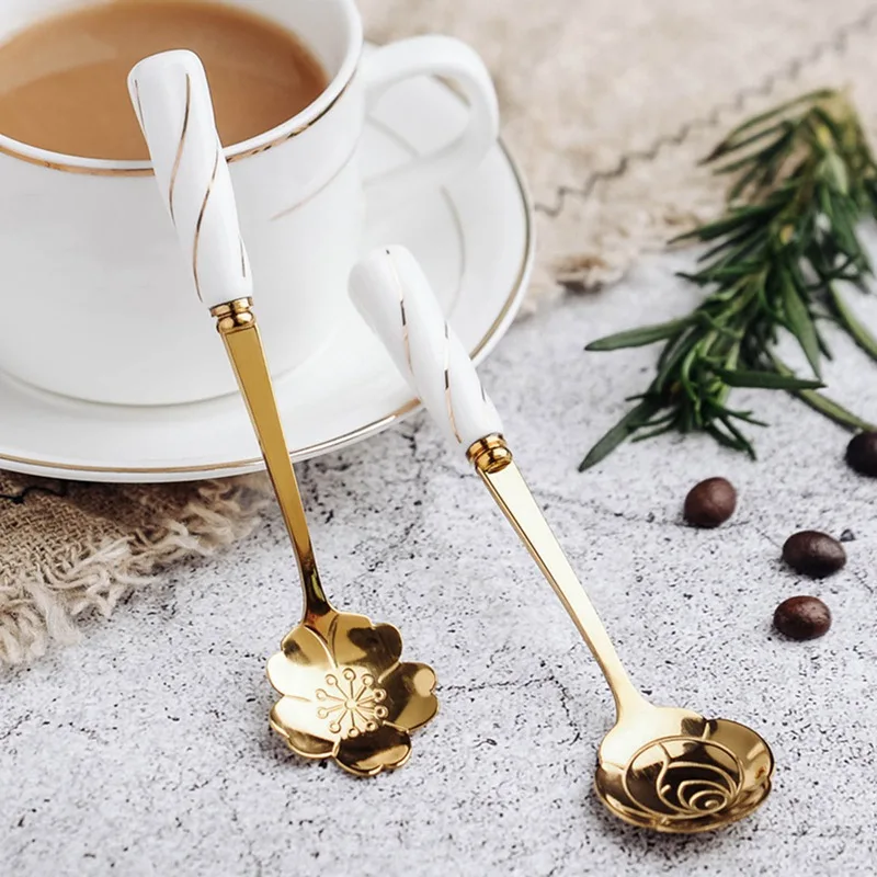 

Ceramic Handle Flower Scoop Tableware Coffee Stirring Spoon Stainless Steel Gold Plated Cherry Rose Spoons Kitchen Tool