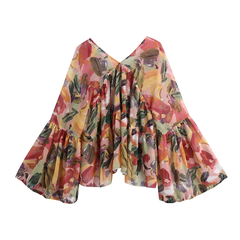 

Summer women's casual flower print long-sleeved loose stitching shirt