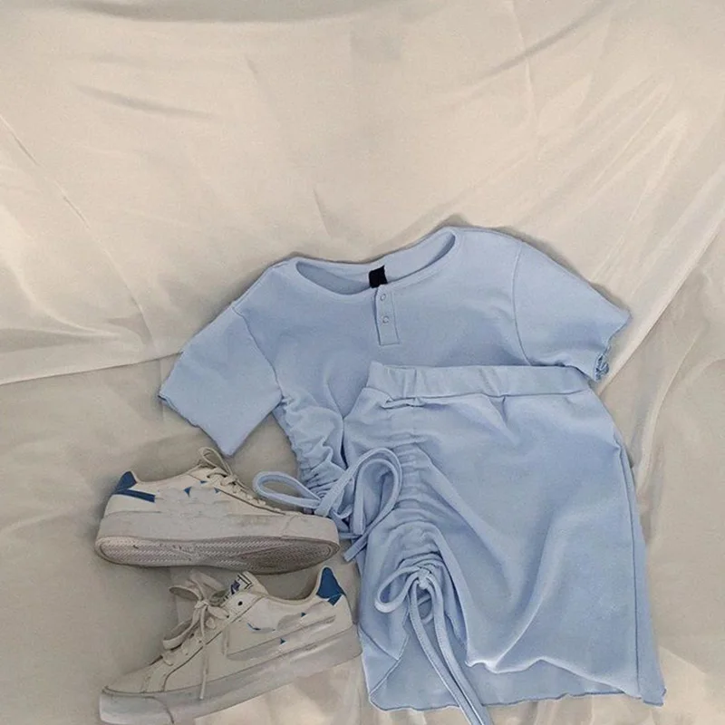 

Japanese sweet short skirt two-piece blue short skirt Korean Harajuku short women top short skirt Kawaii summer women set skirt