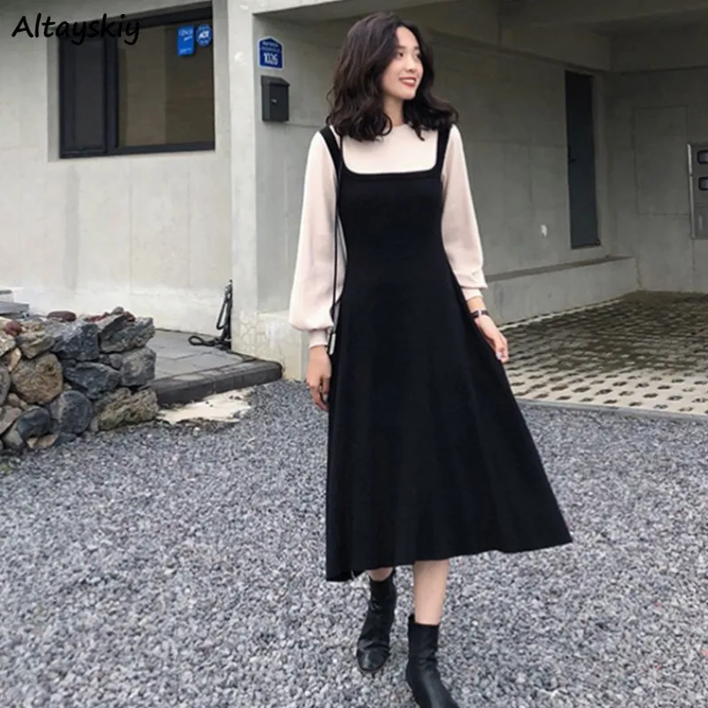 

Autumn Dress Women Elegant Ulzzang Female Casual Patchwork Party Retro M-3XL Plus Velvet Tunic Lovely Long Sleeve Vestido Chic