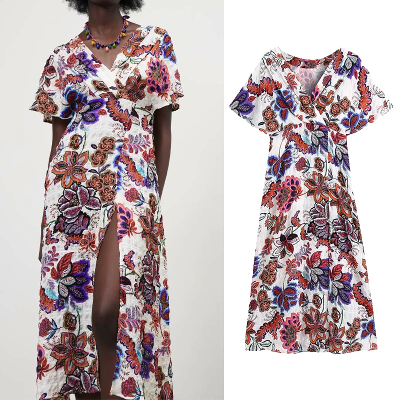 Женское винтажное длинное платье-накидка Za, плиссированное элегантное платье миди с V-образным вырезом и коротким рукавом, лето 2021