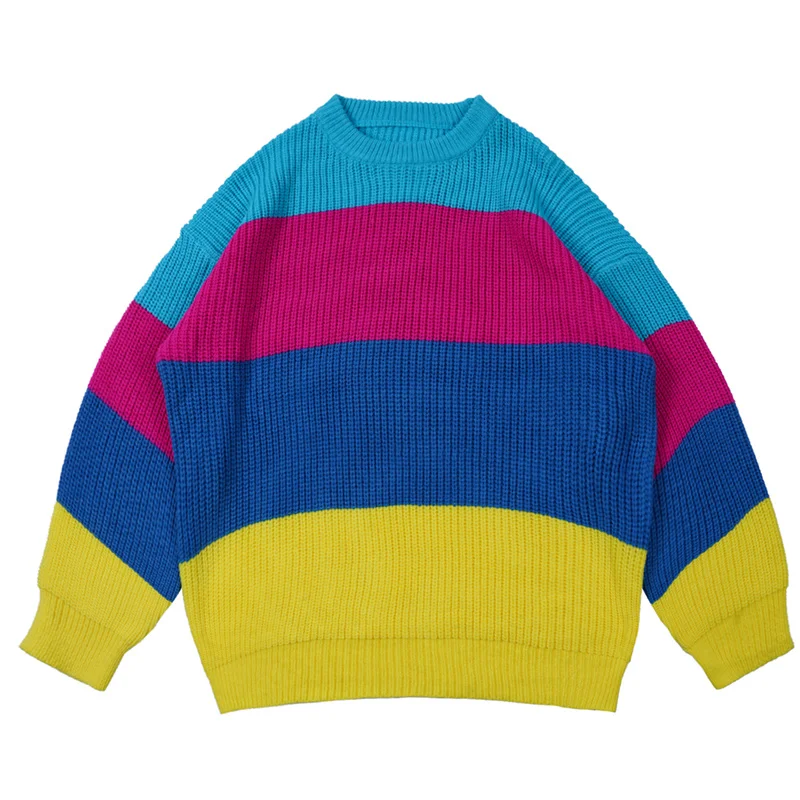 Harajuku Mens Street Crew Block Sweaters Striped Retro High Autumn Color Neck Pullover Oversize Knit Couple Sweater Tracksuit