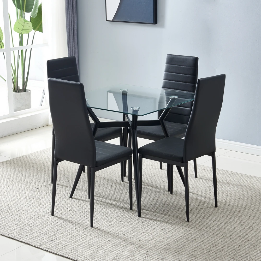 

Dining Table Chairs Set Include 1 Iron Feet Square Tempered Glass Dining Table + 4 Elegant High Backrest Dining Chairs Black