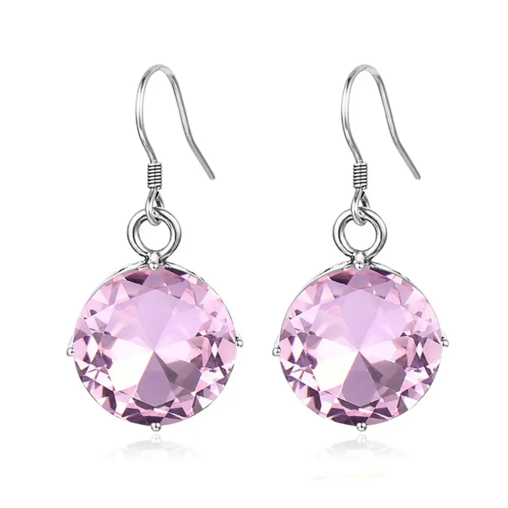 

Szjinao Pink Crystal Dangle Earrings Women Silver Earrings 925 Round Gemstone Cute Romantic Drop Earring For Women Bijoux Brinco