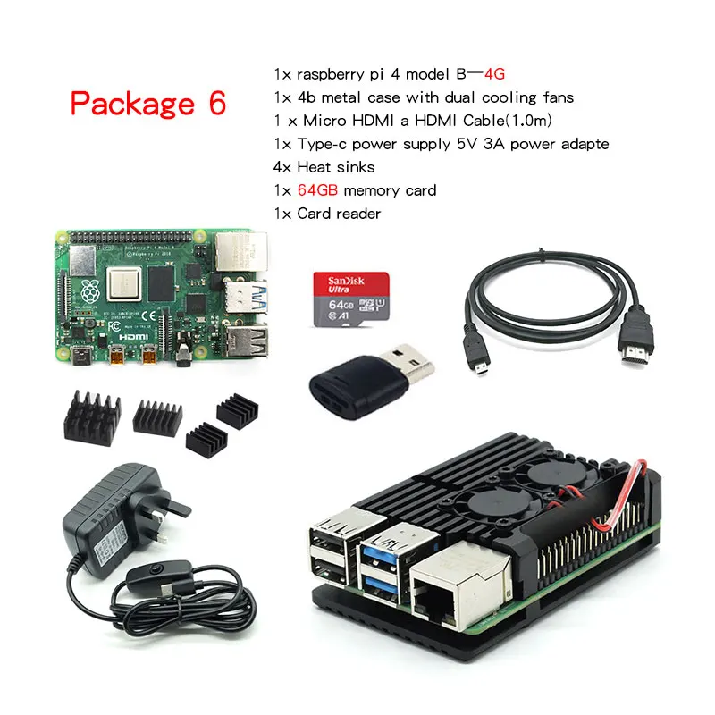 Оригинальный Raspberry Pi 4 2 ГБ ОЗУ + Алюминиевый адаптер 3 А для питания с микрокабелем