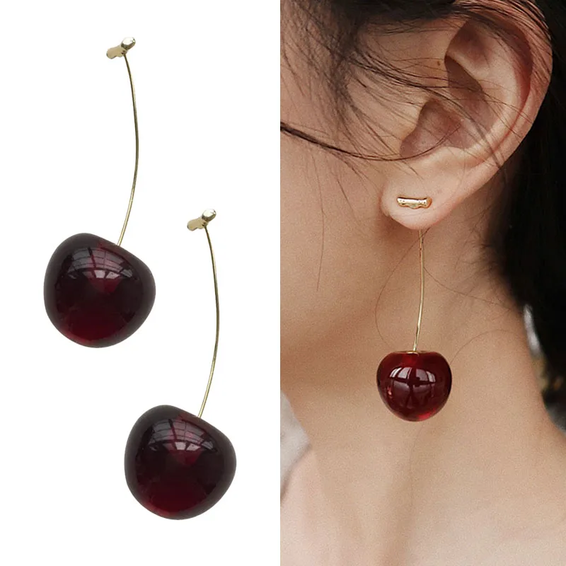 

New European and American Fruit Fashion Long Ear Nail Temperament Cherry Cherry Earrings Lady Earrings