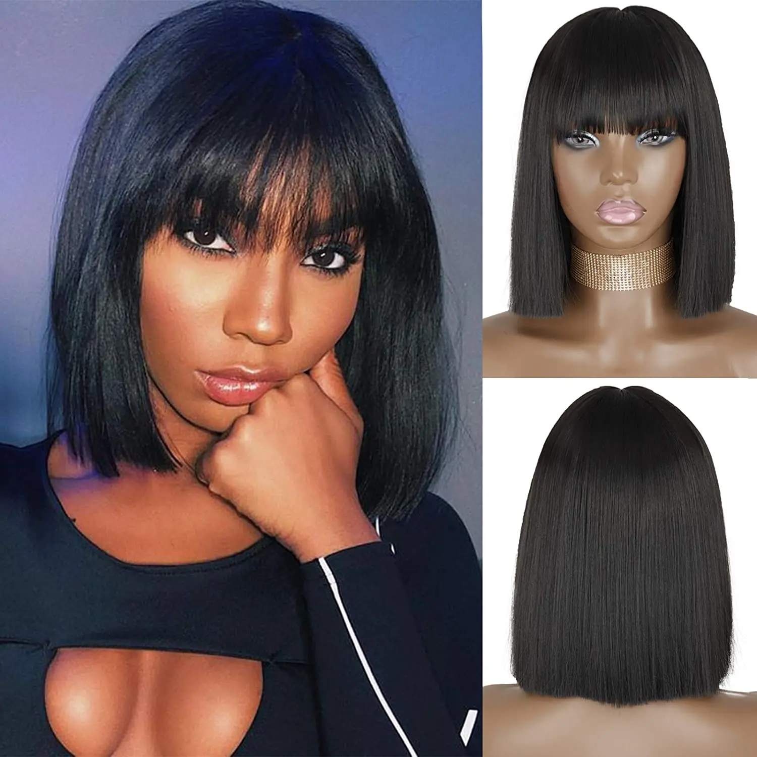 

Synthetic Bob Wigs for Women Short Bob Wig with Bangs 10-14 inch Gray Black Pink Color Glueless Machine Made Wig for Cosplay