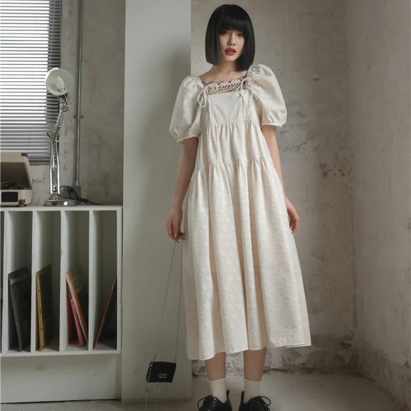 

Kimotimo Sweet Puff Sleeve Dress Women French Jacquard Square Collar High Quality Mid-length Loose Dresses 2021 Summer Designer