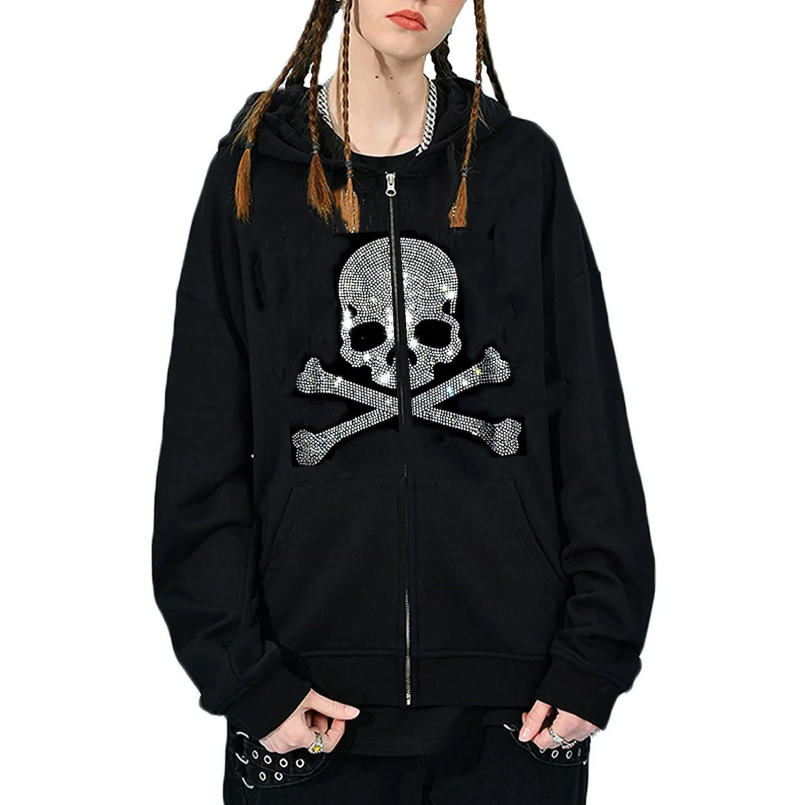 

Halloween Womens Y2k Skeleton Zip Up Hoodies Rhinestone Graphic Oversized Pullovers Sweatshirt Goth jacket with Pockets
