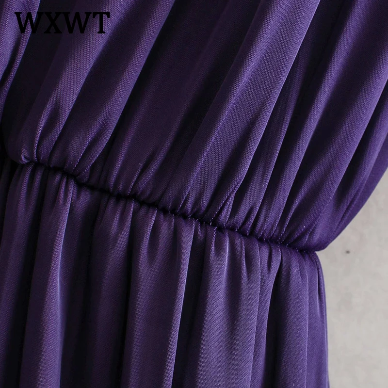 

WXWT Women Purple With Belt Draping Jumpsuit 2021 New Sexy V Neck Long Sleeve Office Lady Casual Chic Playsuits WWJ6757