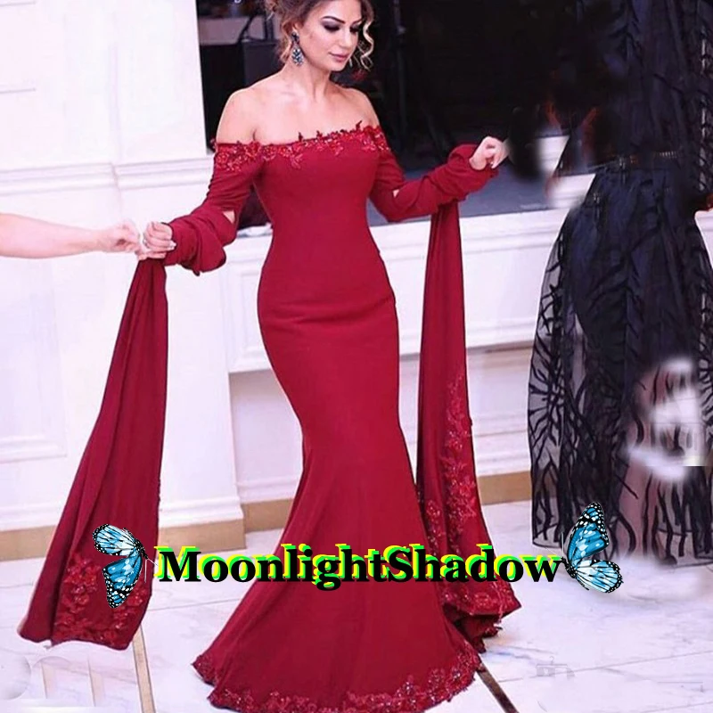 

Red Satin Muslim Mermaid Evening Dress Boat Neck Applique Dubai Arabic Saudi Arabian Vestidos De Festa Formal Party Prom Plus