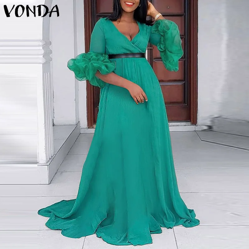 

Autumn Spring Party Dress 2022 VONDA Elegant Women Vintage Petal Sleeve V Neck Patchwork Party Dress Holiday Sundress Robe Femme