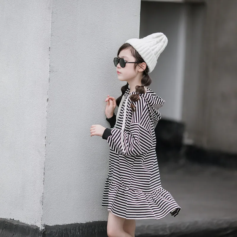 

DFXD Big Girl Dress 2020 Spring Cotton Long Sleeve Striped Hooded Ruffles Dress Casual Sweatshirt Dress 3-12Yrs Girls Clothes