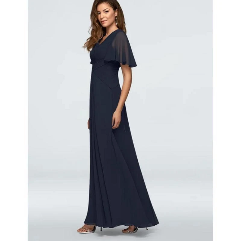 

Chiffon Satin V-Neck Short Sleeves Floor-Length A-Line Wedding Party Mother Of The Bride Dresses Custom Made