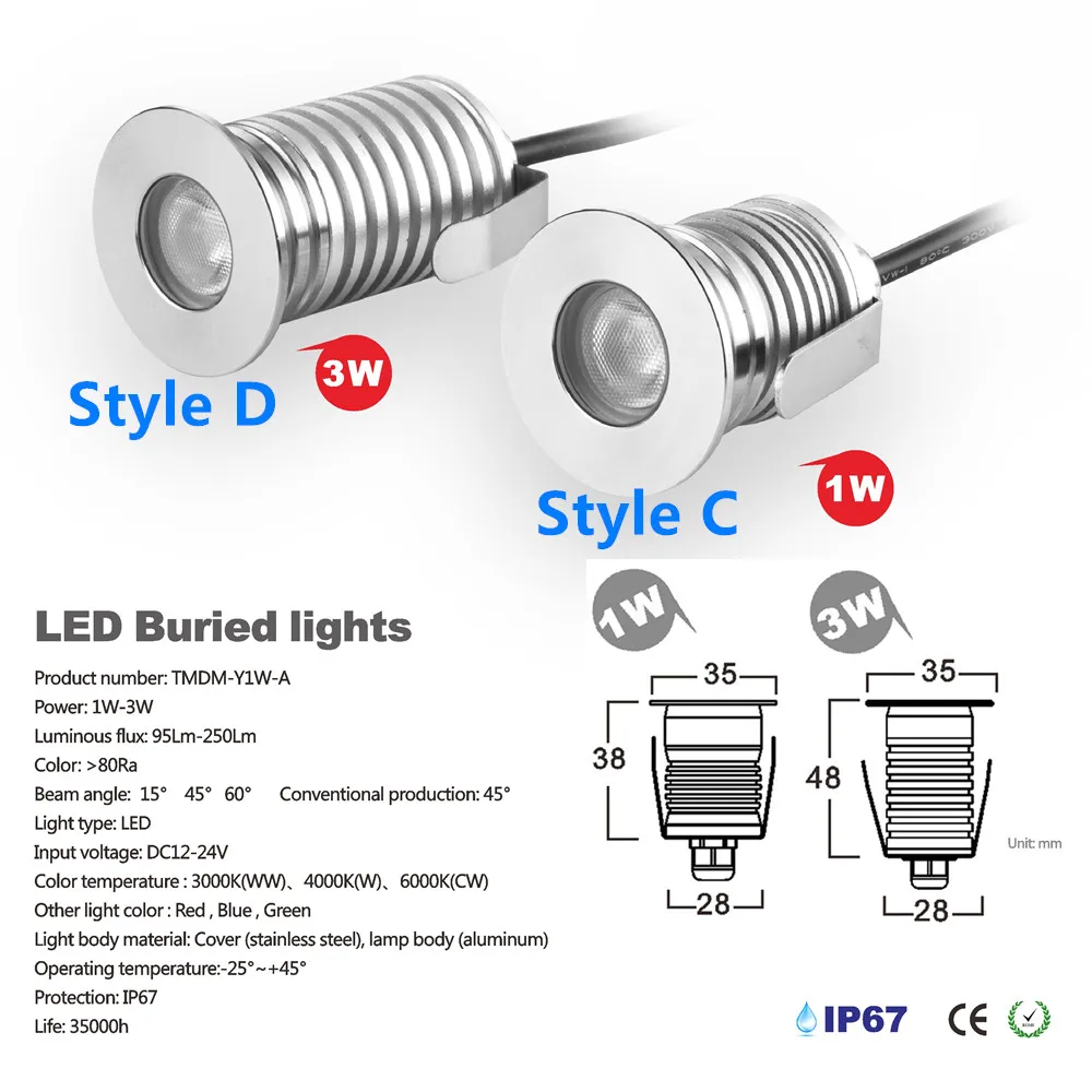 1 Вт 3 светодиодный встраиваемый подземный настенный светильник IP67 наружный DC12-24V