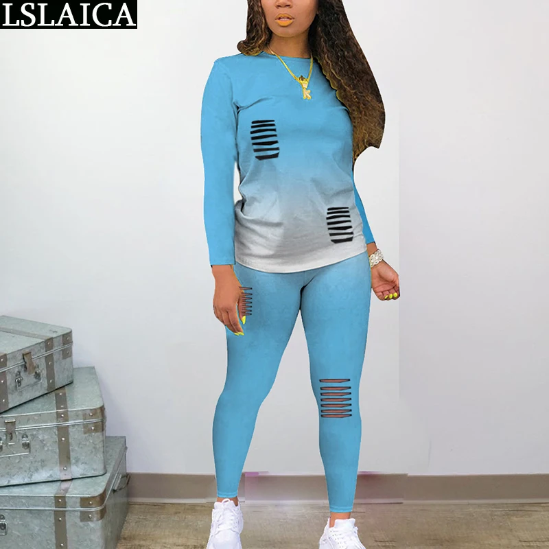 

Casual Two Piece Set Gradient Tracksuit Women Long Sleeve O Neck Shirts Tops Hole Pencil Pants Set Sportswear Joggers Suit Sets