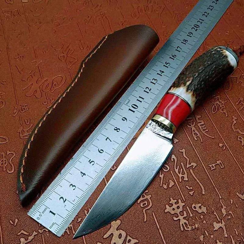 Дамасская стальная ручка рога оленя VG10 форма для кемпинга прямое лезвие тактика