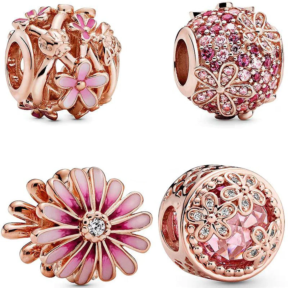 

Rose Gold Pink Daisy Charms 4 pieces Fit Pandora Bracelet beads 925 sterling silver woman luxury jewelry pendant gift making
